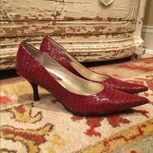 Nine West red faux alligator pumps